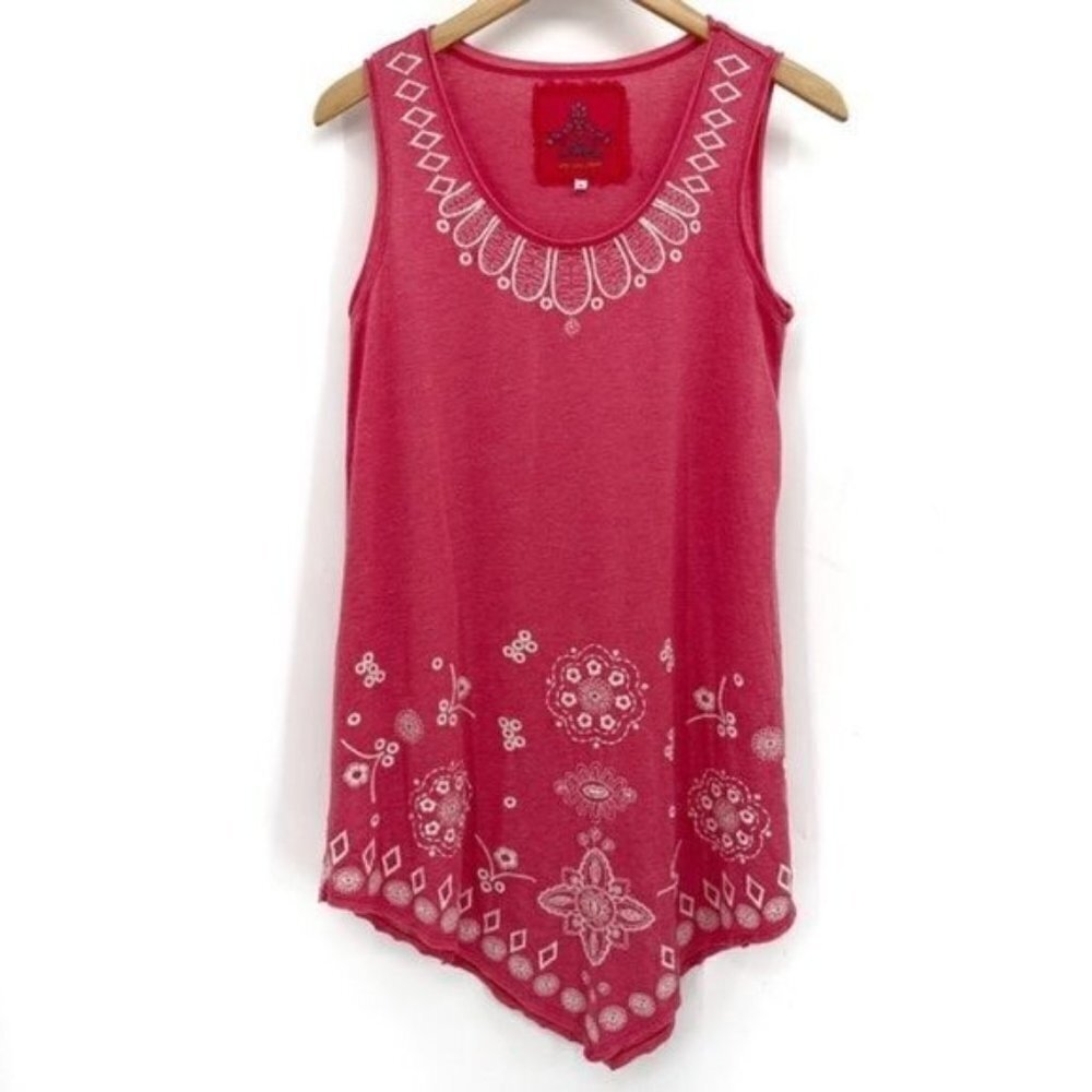 Johnny Was Pink Embroidered Knit Tiered Barbie Core Tank Scoop Neck Small Dress